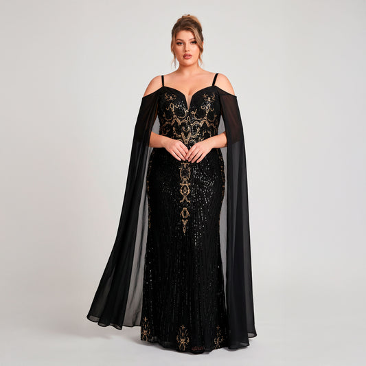 Vestido Negro Lentejuelas Doradas | Hombros Descubiertos | Tallas Extras