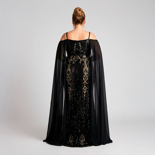 Vestido Negro Lentejuelas Doradas | Hombros Descubiertos | Tallas Extras