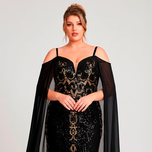 Vestido Negro Lentejuelas Doradas | Hombros Descubiertos | Tallas Extras