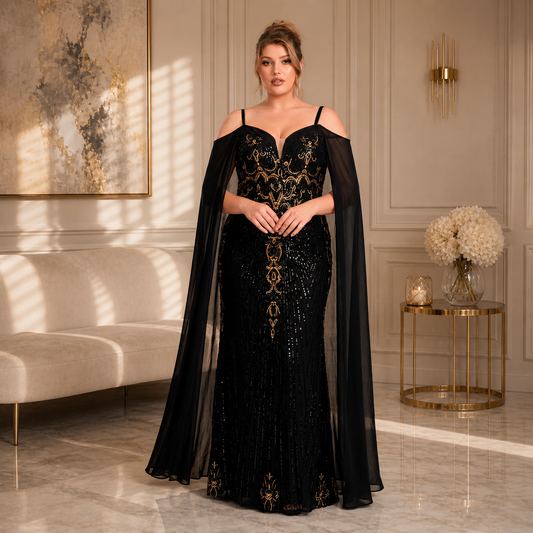 Vestido Negro Lentejuelas Doradas | Hombros Descubiertos | Tallas Extras