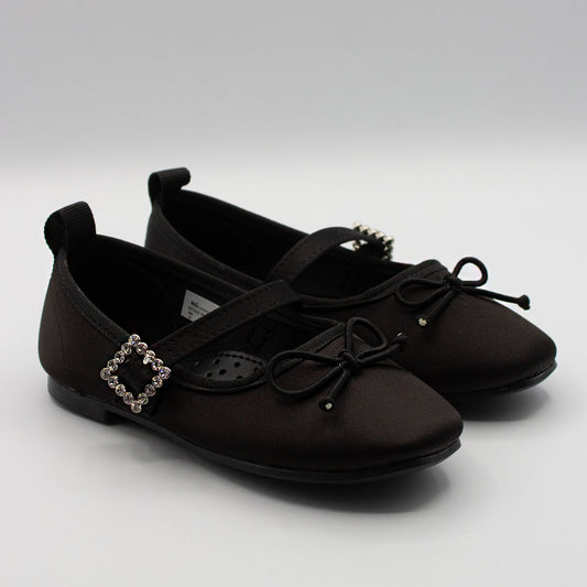 Zapatillas Negras Punta Cuadrada con Moño y Hebilla de Piedras para Niña Tallas 15-26