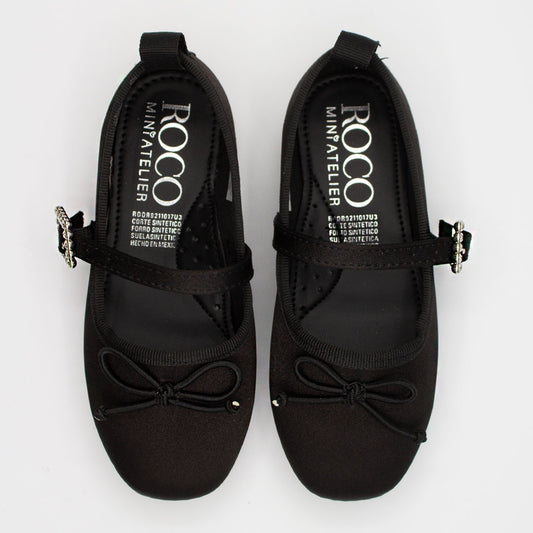 Zapatillas Negras Punta Cuadrada con Moño y Hebilla de Piedras para Niña Tallas 15-26