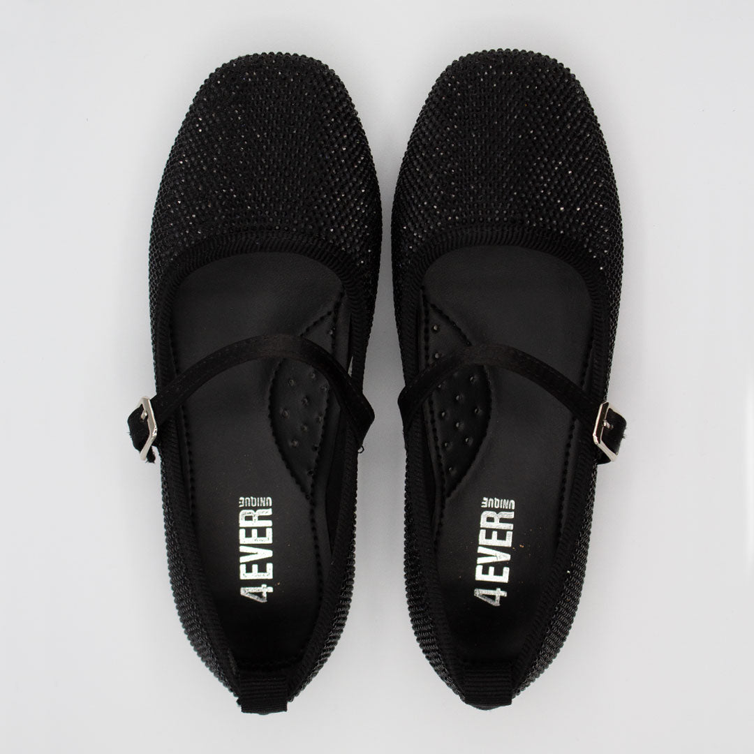 Zapatillas Negras Punta Cuadrada con Pedrería para Niña Tallas 15-24