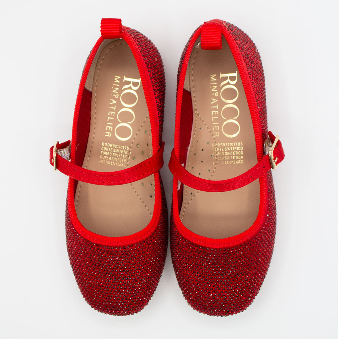 Zapatillas Rojas Punta Cuadrada con Cristales y Correa para Niña Tallas 15-26