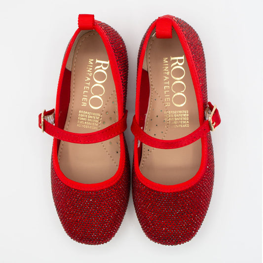 Zapatillas Rojas Punta Cuadrada con Cristales y Correa para Niña Tallas 15-26