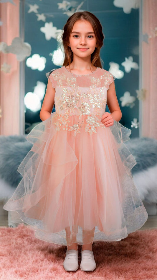 Vestido Infantil Salmón con Bordado y Tul - Niña