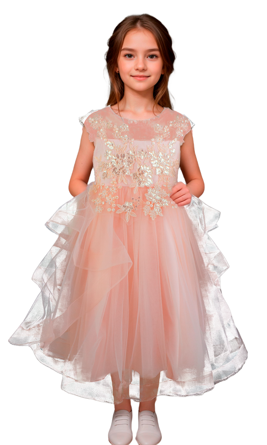 Vestido Infantil Salmón con Bordado y Tul - Niña