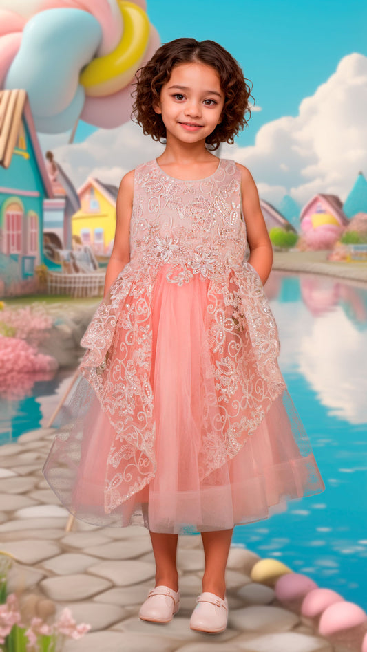Vestido Infantil Coral con Bordados y Encaje | Roco Atelier