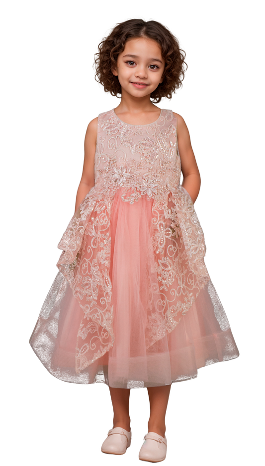 Vestido Infantil Coral con Bordados y Encaje | Roco Atelier