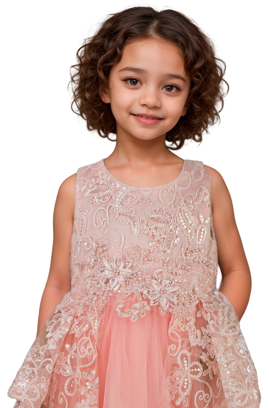Vestido Infantil Coral con Bordados y Encaje | Roco Atelier