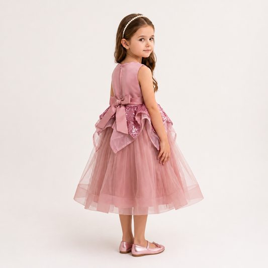 VESTIDO DE NIÑA CON LENTEJUEA Y APLICACIONES EN PECHO