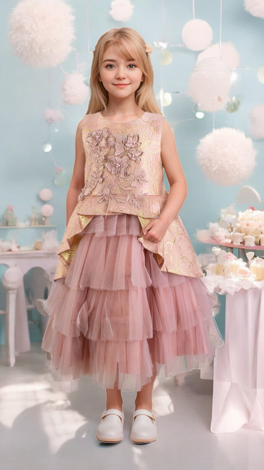 Vestido Infantil Rosa con Flores Bordadas y Falda de Tul | Roco Atelier