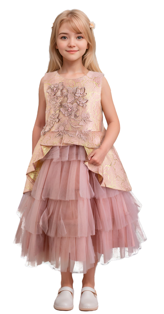 Vestido Infantil Rosa con Flores Bordadas y Falda de Tul | Roco Atelier