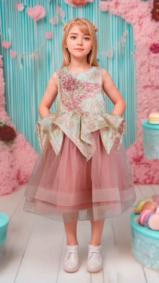 Vestido Niña Rosa Palo con Aplicaciones y Falda de Tul Esponjosa