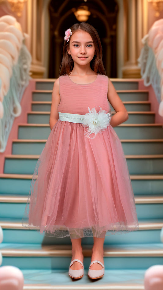 Vestido Niña Rosa Palo Tul con Cinturón Blanco y Bordado
