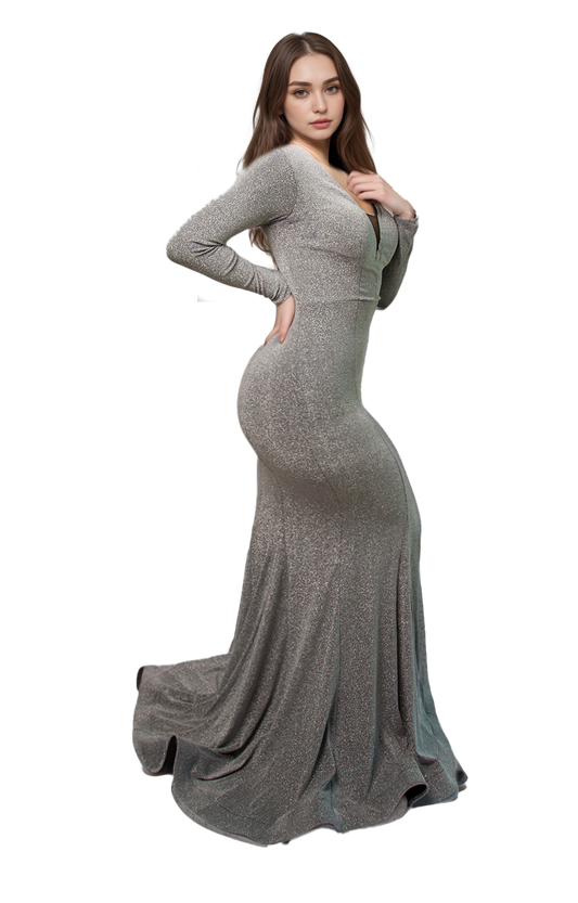 Vestido Plateado Sirena con Manga Larga y Silueta Ajustada para Eventos Formales Tallas M-XL
