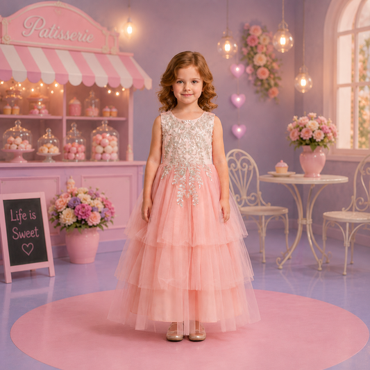 Vestido de Tul Rosa con Bordados para Niña Tallas 120-170
