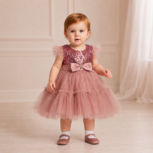 Vestido de Bebé Rosa con Lentejuelas y Moño de Perlas Tallas 6M-24M