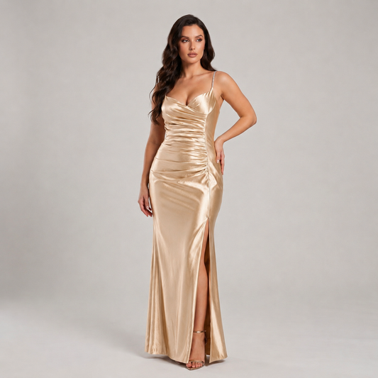 Vestido SatÃn Stretch Entallado con Tirantes de PedrerÃa, Drapeado Frontal y Abertura en Pierna Tallas S-L