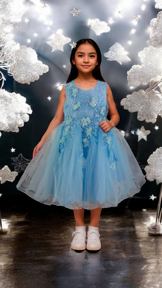 Vestido Infantil Azul Cielo con Bordado y Tul - Niña