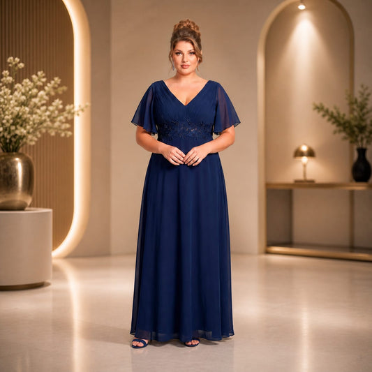 Vestido Azul Marino Chiffon Corte Imperio con Encaje y Perlas | Tallas Extra 1XL-3XL