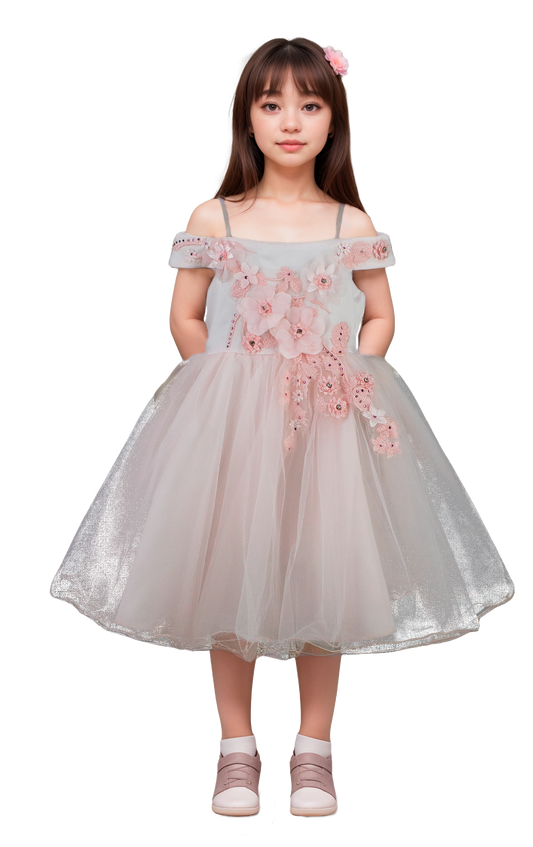 Vestido Niña Hombros Descubiertos con Tul y Bordado