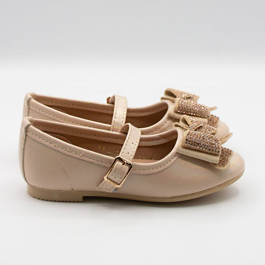 Zapatillas Beige Dorado con Moño y Piedras para Niña Tallas 13-26