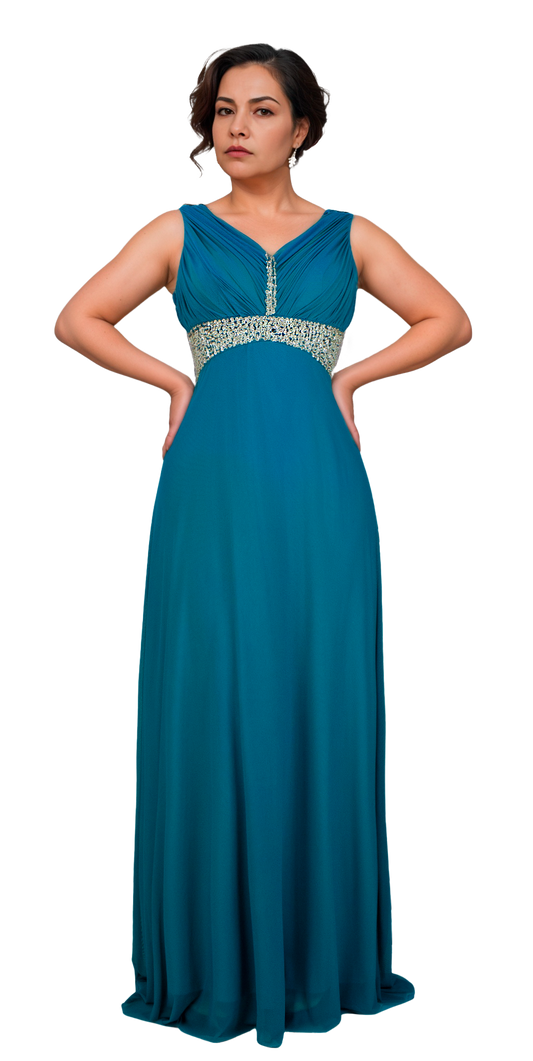 Vestido Turquesa Corte Princesa con Escote en V, Aplicaciones en Cintura y Espalda Cubierta Tallas M-XL
