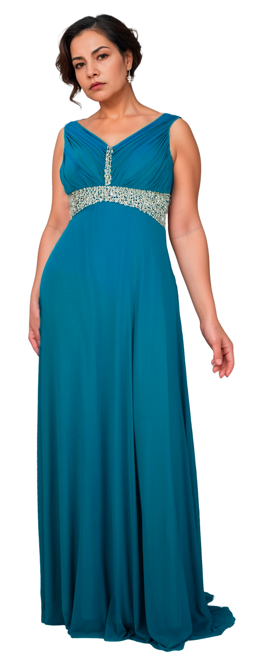 Vestido Turquesa Corte Princesa con Escote en V, Aplicaciones en Cintura y Espalda Cubierta Tallas M-XL