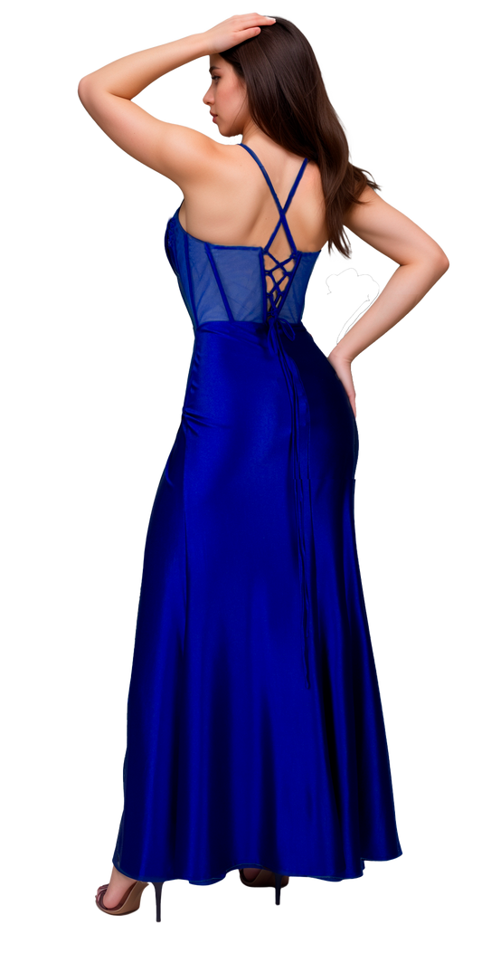 Vestido Azul Rey Drapeado con Pierna Abierta y Corset en Espalda Tallas S-L