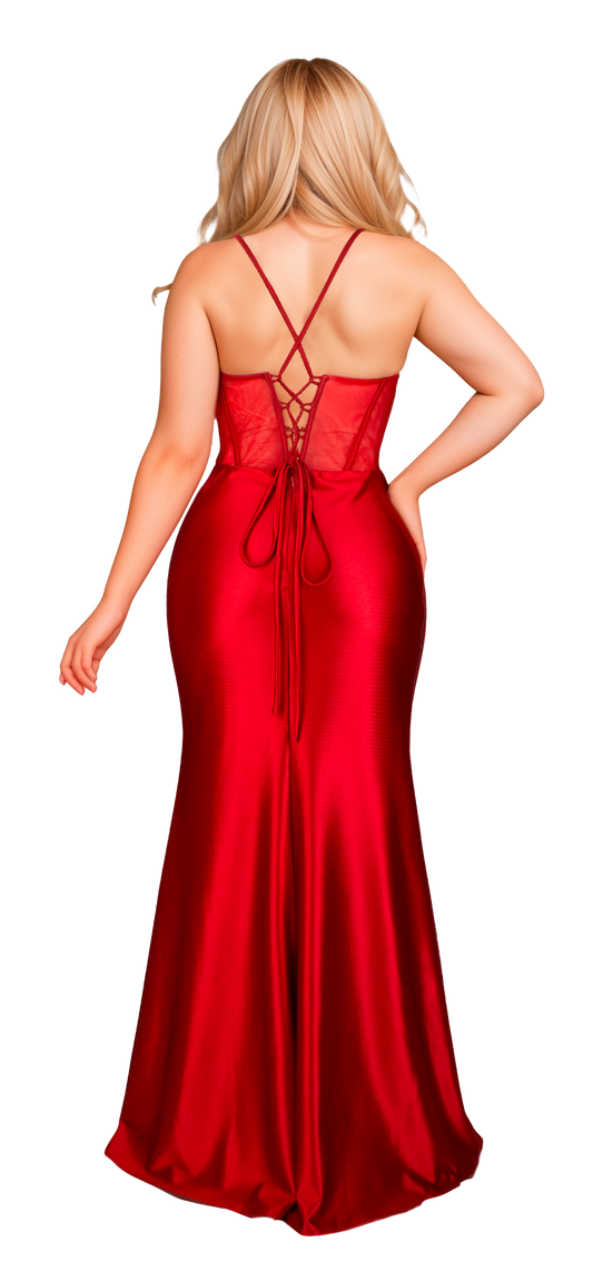 Vestido Rojo con Bustier de Pedría en Copas, Drapeado y Abertura en Pierna Tallas S-L