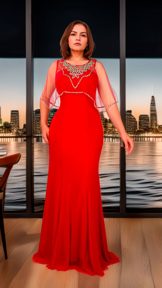Vestido Rojo Entallado con Capa de Tul y Aplicaciones Bordadas Tallas M-XL
