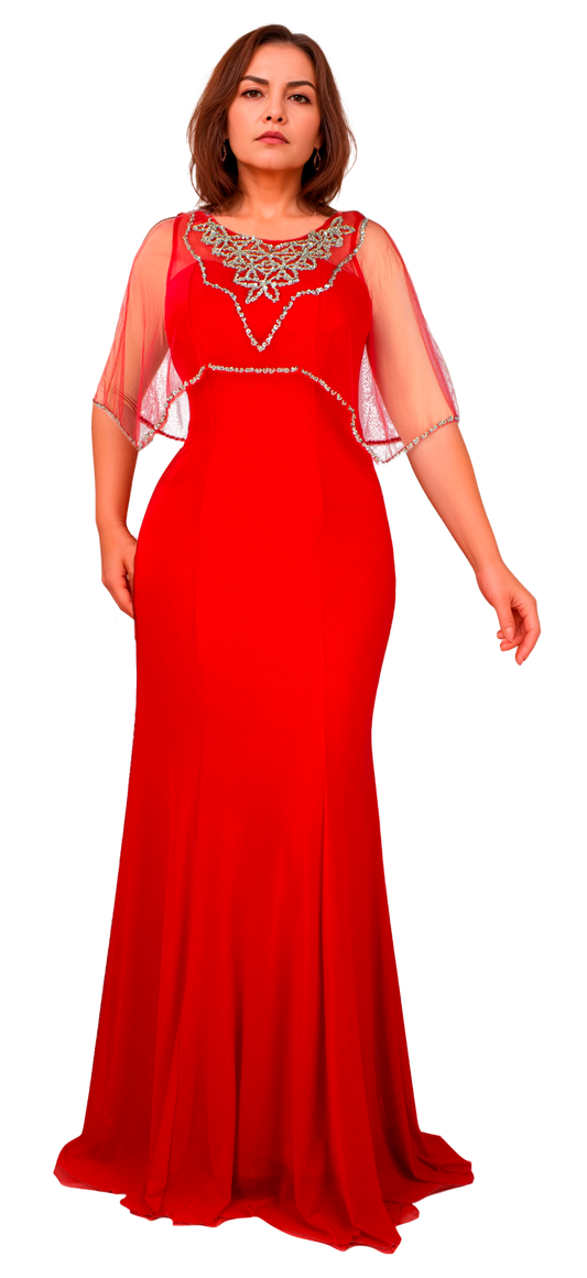 Vestido Rojo Entallado con Capa de Tul y Aplicaciones Bordadas Tallas M-XL