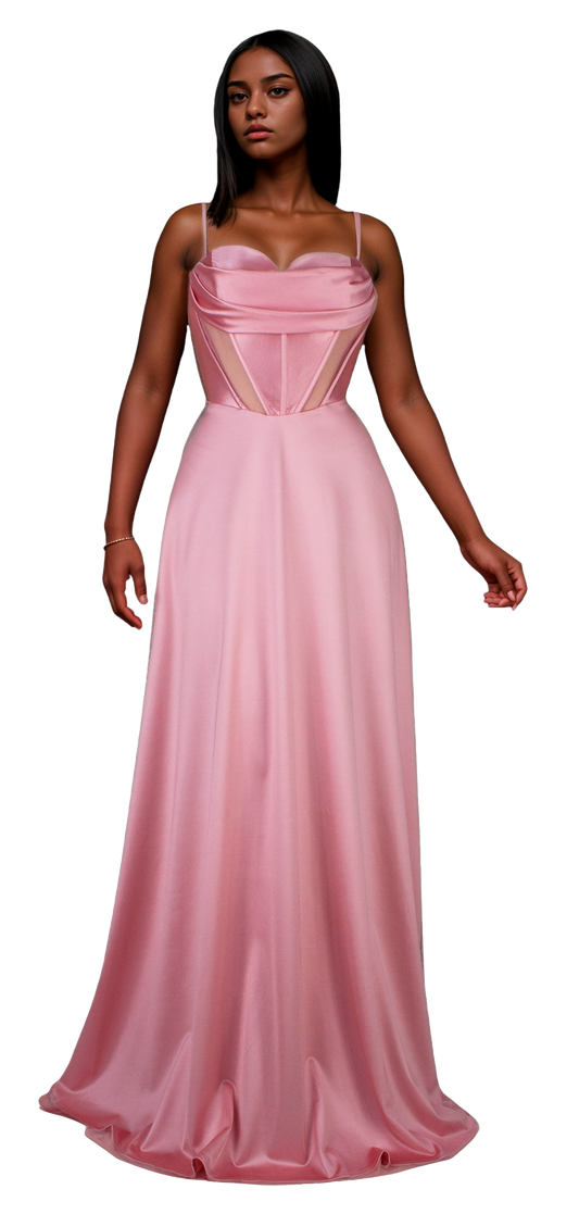 Vestido Rosa Escote Corazón con Corset Transparencias y Falda Amplia Tallas M-XL