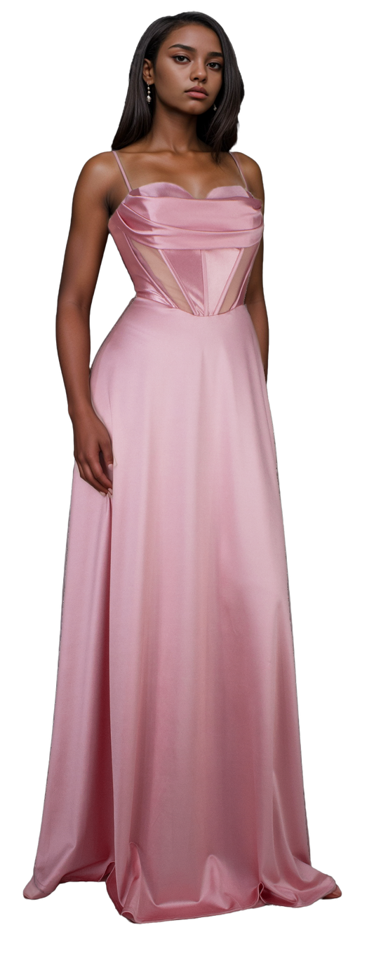 Vestido Rosa Escote Corazón con Corset Transparencias y Falda Amplia Tallas M-XL