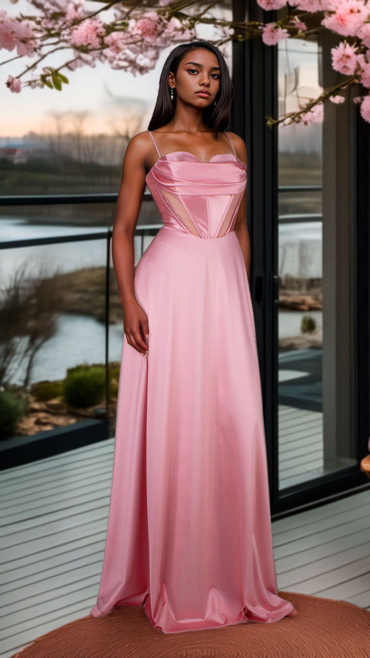 Vestido Rosa Escote Corazón con Corset Transparencias y Falda Amplia Tallas M-XL