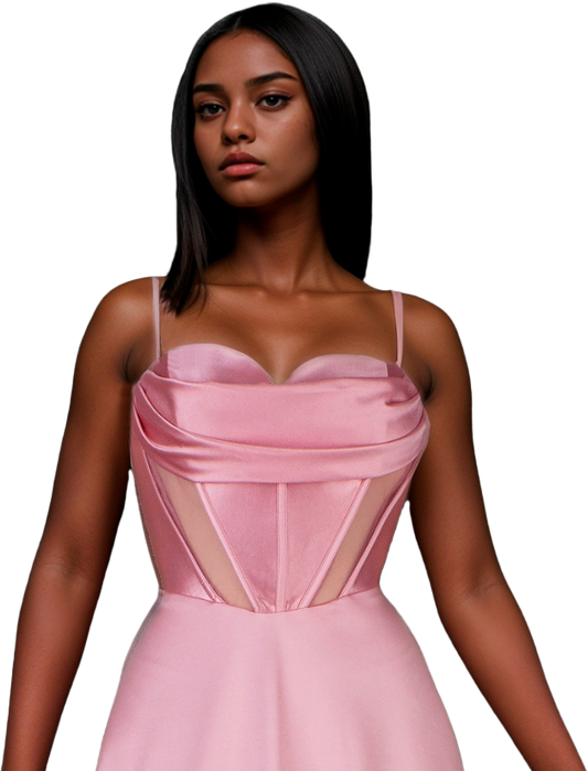 Vestido Rosa Escote Corazón con Corset Transparencias y Falda Amplia Tallas M-XL