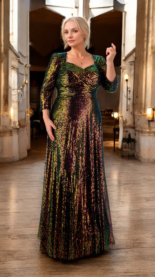 Vestido Largo Negro Tornasol con Escote Corazón, Manga 3/4 y Falda Línea A Tallas XL-3XL