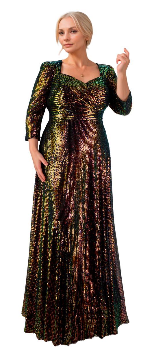 Vestido Largo Negro Tornasol con Escote Corazón, Manga 3/4 y Falda Línea A Tallas XL-3XL