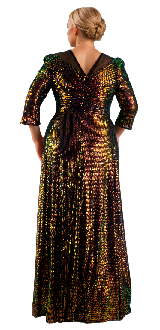 Vestido Largo Negro Tornasol con Escote Corazón, Manga 3/4 y Falda Línea A Tallas XL-3XL