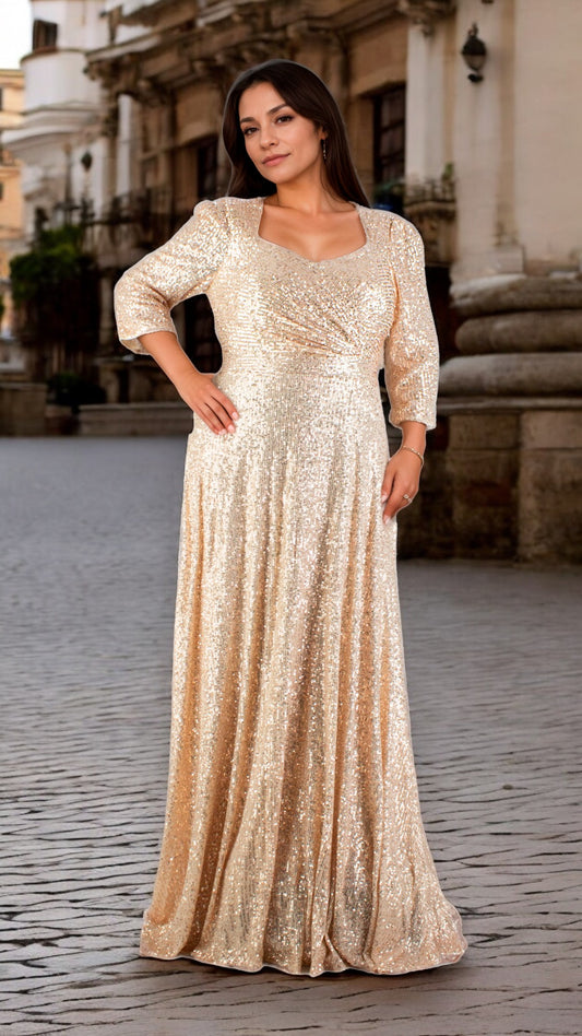 Vestido Largo Oro Rosa con Escote Corazón, Manga 3/4, Falda Línea A y Forro Interior Tallas XL-3XL