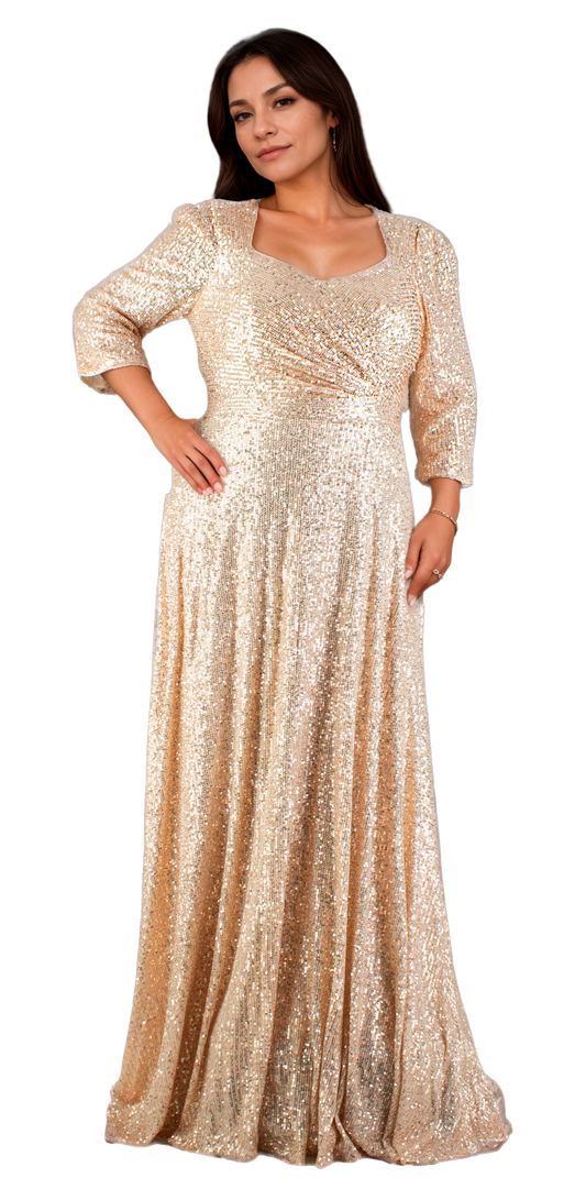 Vestido Largo Oro Rosa con Escote Corazón, Manga 3/4, Falda Línea A y Forro Interior Tallas XL-3XL