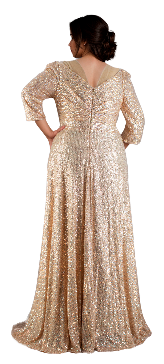 Vestido Largo Oro Rosa con Escote Corazón, Manga 3/4, Falda Línea A y Forro Interior Tallas XL-3XL
