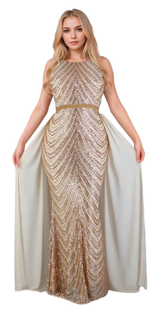 Vestido de Fiesta Oro Rosa Lentejuela Sirena con Sobrefalda Elegante Tallas S-XL