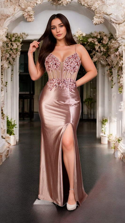 Vestido Sirena Rosa Palo Bustier con Bordados y Abertura