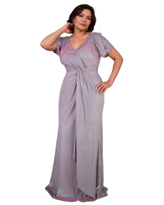 Vestido Lila Sirena con Escote en V, Mangas Cortas y Volante en Base Tallas L-3XL