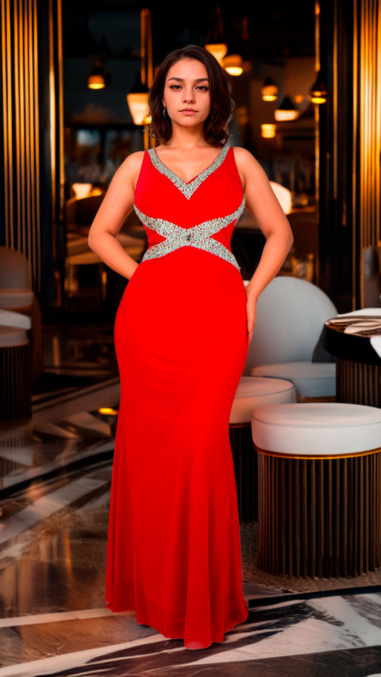 Vestido Rojo Corte Sirena con Aplicaciones Bordadas en Cintura Tallas M-XL