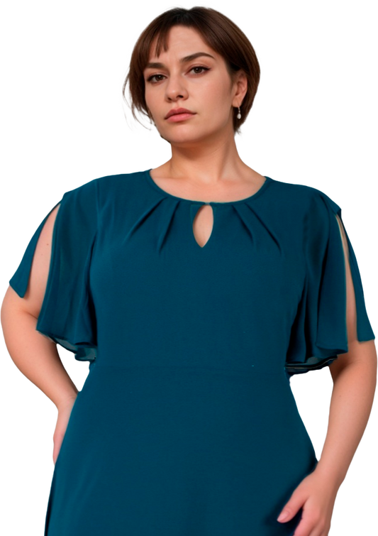 Vestido Chifón Turquesa Tallas Extras con Mangas Abiertas 3/4 | XL-3XL