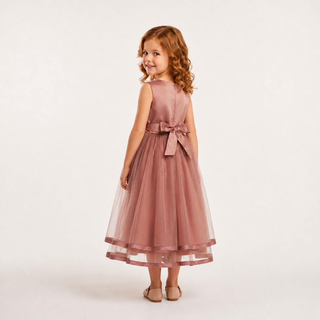 Vestido Niña Mauve con Bordado, Cinturón de Perlas y Falda de Tul | Tallas 100-150
