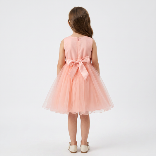 Vestido Niña Coral con Bordado, Aplicaciones en Pecho y Falda de Tul Voluminosa Tallas 6-16